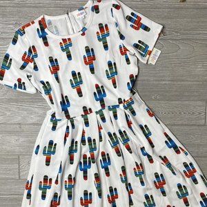 LulaRoe Medium Amelia Dress WITH POCKETS, Southwest Cactus Print on White